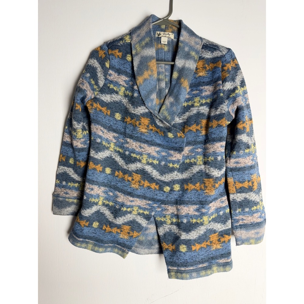 Unity World Wear Blue Southwestern Geometric Shawl Collar Cardigan Sweater M